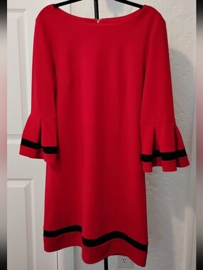 R&K Original Dress Size 12 Red with Black Bell Sleeves  Dress